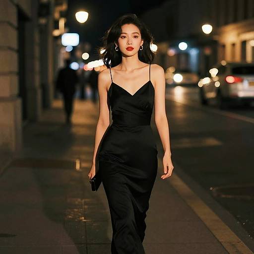 Woman in Black Evening Gown Walking at Night