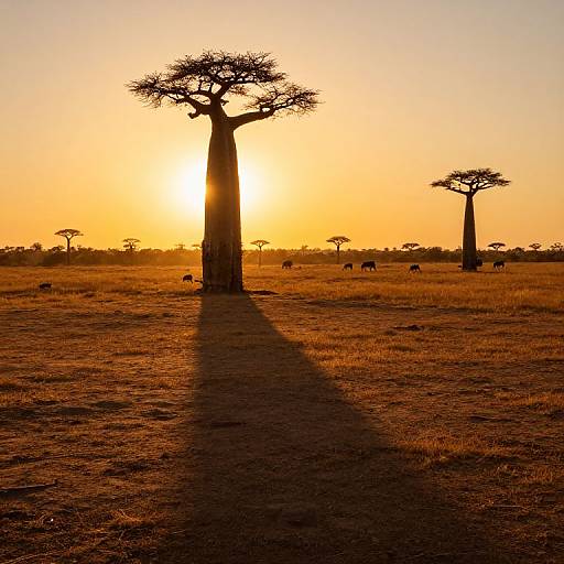Photograph of a sunset in an African savanna, featuring silhouetted acacia trees, grazing animals, and a long shadow stretching across the