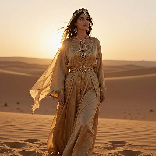 Photograph of a woman in a golden, embroidered traditional dress and veil, walking in a desert at sunset with sunlit sand dunes in the background