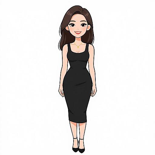 Digital anime-style drawing of a smiling Asian woman with long brown hair, wearing a form-fitting black dress, black heels, and a small gold necklace
