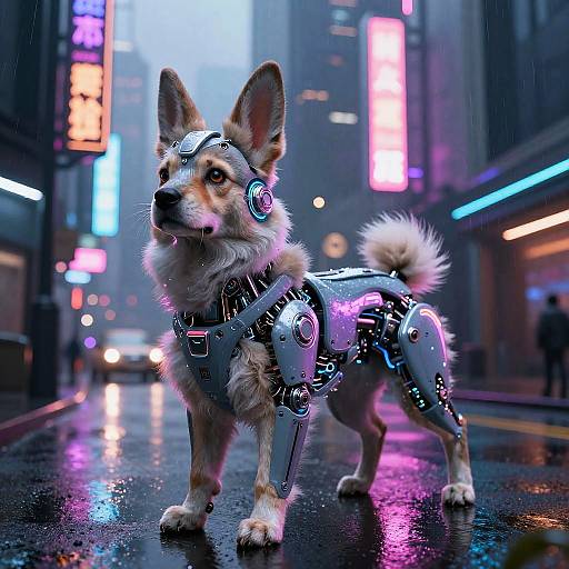 Cybernetic, robotic corgi with glowing neon lights stands on a wet, neon-lit city street at night, surrounded by vibrant,