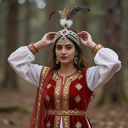 Woman in Traditional Red and Gold Dance Costume
