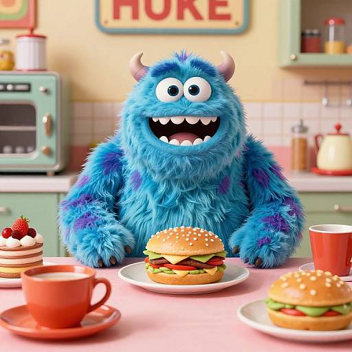 Whimsical Blue Monster in Retro Kitchen