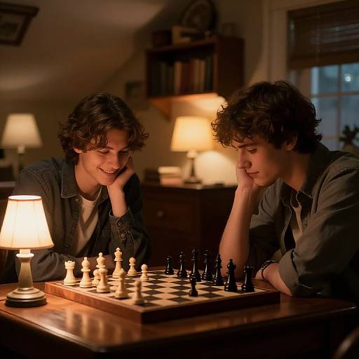 Photograph of two young men with curly brown hair, wearing denim shirts, playing chess under warm lamp light in a cozy, dimly-lit room