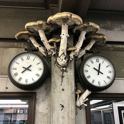 Photograph of a quirky clock installation featuring large, realistic mushrooms with white clock faces, black numbers, and hands, mounted on a concrete wall in an