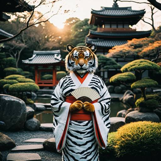 Anthropomorphic Tiger in Kimono in Japanese Garden Anthropomorphic Tiger in Kimono in Japanese Garden