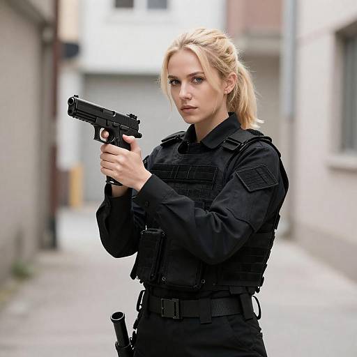 Blonde Woman in Tactical Uniform Holding Handgun