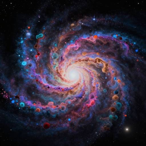 Photorealistic CGI of a vibrant spiral galaxy with colorful, swirling gas clouds, surrounded by stars, planets, and cosmic dust in space.