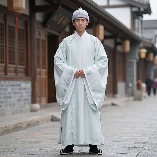 Photograph of an East Asian young man in traditional white Korean hanbok and white hat, standing on a cobblestone street in front of traditional