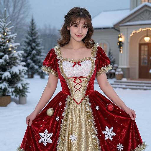 Elegant Woman in Festive Winter Gown