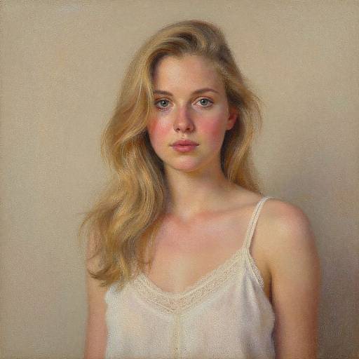 Photorealistic digital portrait of a fair-skinned blonde woman with wavy hair, wearing a white lace-trimmed tank top, against a beige