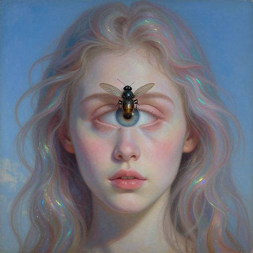 Digital painting of a fair-skinned, wavy blonde woman with closed eyes, a bee on her forehead, against a blue sky background.