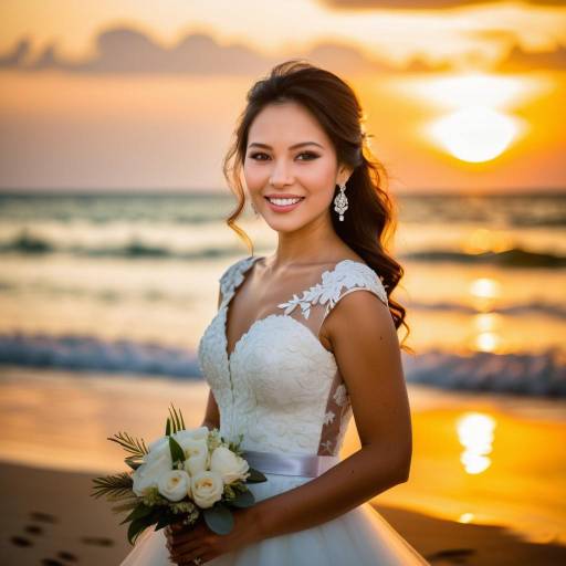 Bride in White Wedding Dress at Beach Sunset