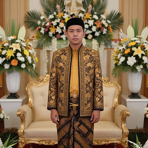 Photograph of a young Southeast Asian boy in elaborate golden and black batik suit, black cap, standing before ornate floral backdrop and gold-trim