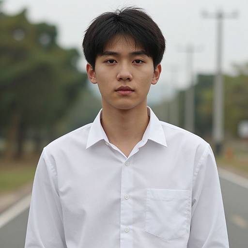 Photograph of an Asian man with short black hair, wearing a white button-up shirt, standing on a blurred street with greenery.