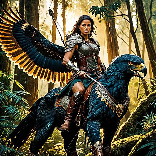 Valiant Archer Riding Majestic Hawk in Primeval Jungle