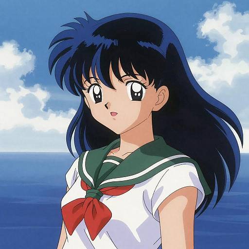 Digital anime drawing of a blue-haired schoolgirl in a white sailor uniform with a red bow, standing by the ocean under a blue sky with white clouds