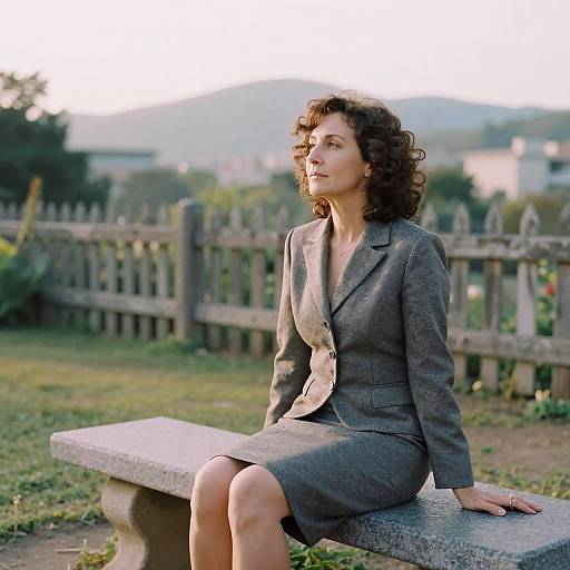 Photograph of a curly-haired woman in a gray business suit, sitting on a stone bench, gazing into the distance, with a wooden fence and