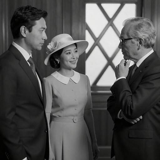 Black and White Portrait of Three People in Conversation