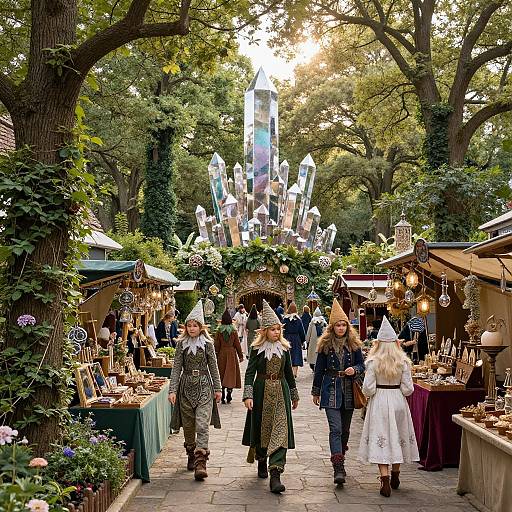 Photograph of a whimsical outdoor market with fairy-tale characters, crystal arch, green trees, and vendors' stalls under soft sunlight.
