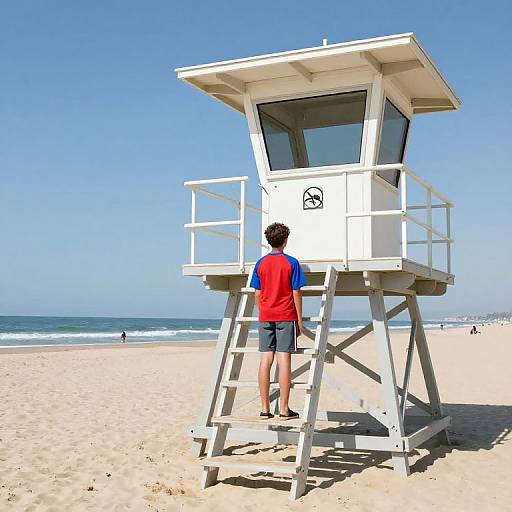 Boy Lifeguard by Beach Tower