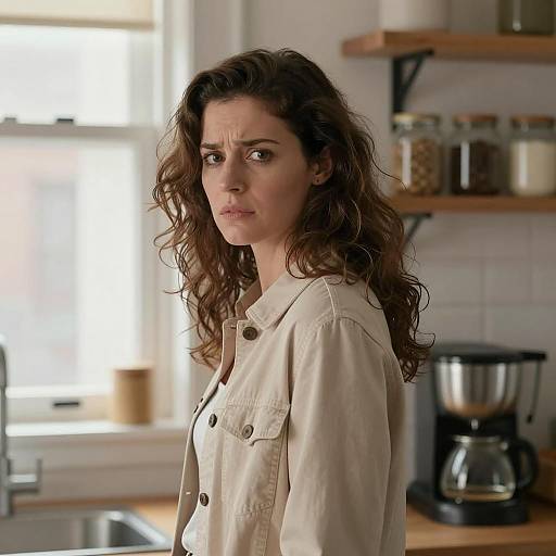Concerned Woman in Kitchen