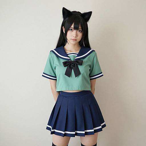 Photograph of an Asian woman with long black hair, cat ears, wearing a mint green sailor top and navy pleated skirt, standing against a plain