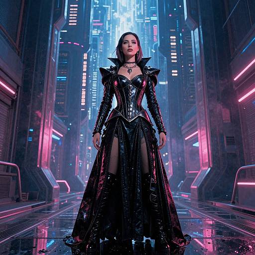 Cyberpunk woman in black, shiny, high-neck gown with thigh-high slit, standing in neon-lit, futuristic urban alleyway. Digital art
