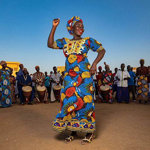 Photograph of a smiling African woman in vibrant blue and yellow floral dress and matching headscarf, dancing outdoors with drummers and spectators under a clear