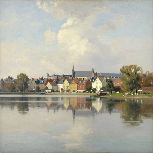 Photograph of a tranquil town with colorful, reflective houses and spires, mirrored in a calm lake under a partly cloudy sky.