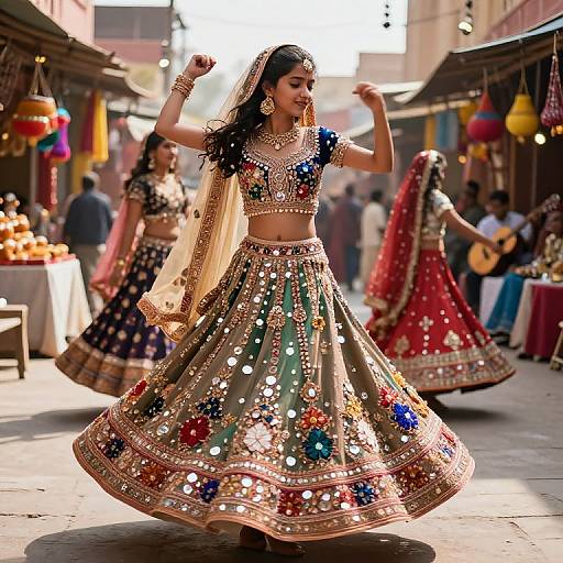 Vibrant Girls Dancing in Mirror-Work Lehenga