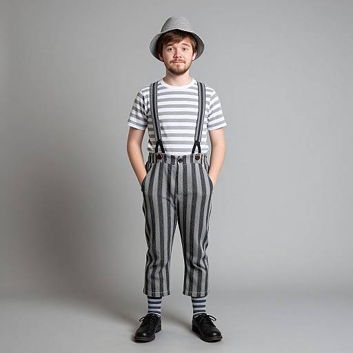 Man in Striped Outfit with Hat and Suspenders
