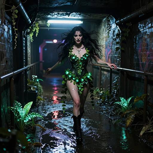 Digital art: Dark alleyway with neon lights, wet floor, and glowing green plants. A woman with long black hair, leaf dress, and boots