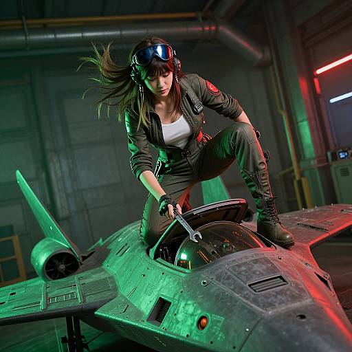 CGI image: Action shot of a fierce, brown-haired woman in black jumpsuit and goggles, crouching on a green-lit military jet