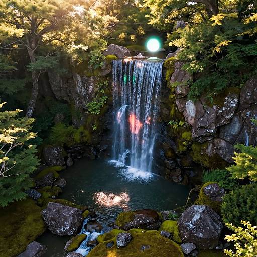 Photograph of a serene forest waterfall with sunlight filtering through trees, illuminating cascading water over moss-covered rocks into a reflective pool below.