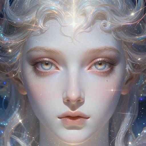 Digital art of a glowing, ethereal woman with blue eyes, white hair, and sparkles, staring intensely forward with a celestial background.