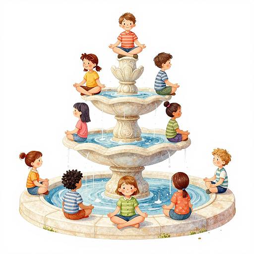 Digital illustration of diverse children sitting on a tiered stone fountain, playing in the water, wearing colorful striped and solid shirts.
