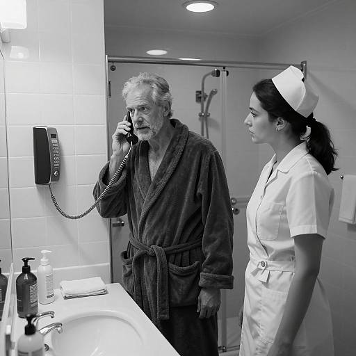 Intimate Bathroom Conversation in Monochrome