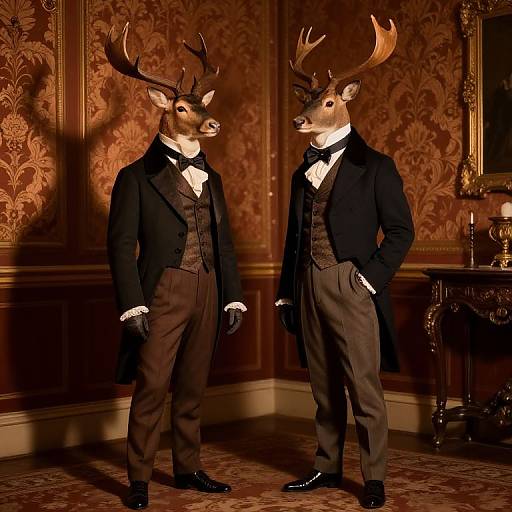 Photograph of two anthropomorphic deer in formal Victorian attire, standing in an ornate, richly patterned room with wooden paneling.