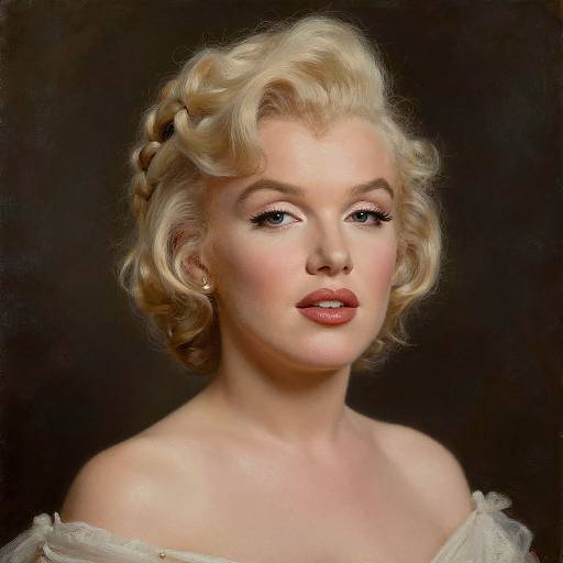 Digital portrait of a blonde, fair-skinned woman with curled hair, braid, red lipstick, and off-shoulder white dress, against a