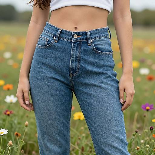 Photograph of a woman's midsection in high-waisted blue jeans, white crop top, standing in a colorful meadow with wildflowers.