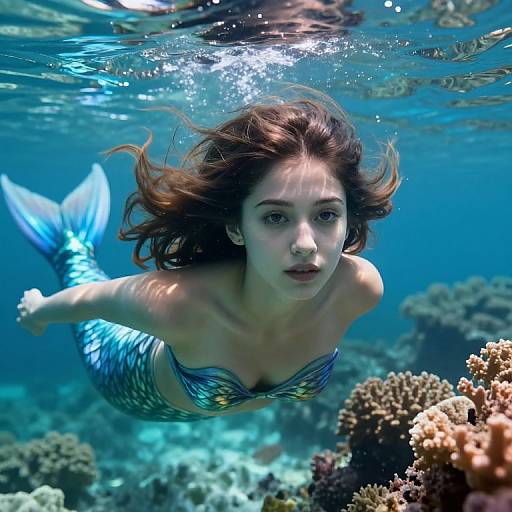 Photograph of a beautiful young woman with long brown hair, blue mermaid tail, and colorful top, swimming underwater among vibrant coral reefs.