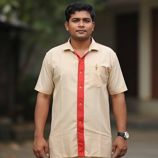 Man in Beige Shirt with Red Stripe
