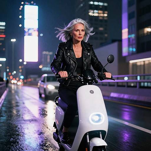 Nighttime city scene: confident woman with silver hair, black leather jacket, and black pants rides a white scooter on a wet, neon-lit street