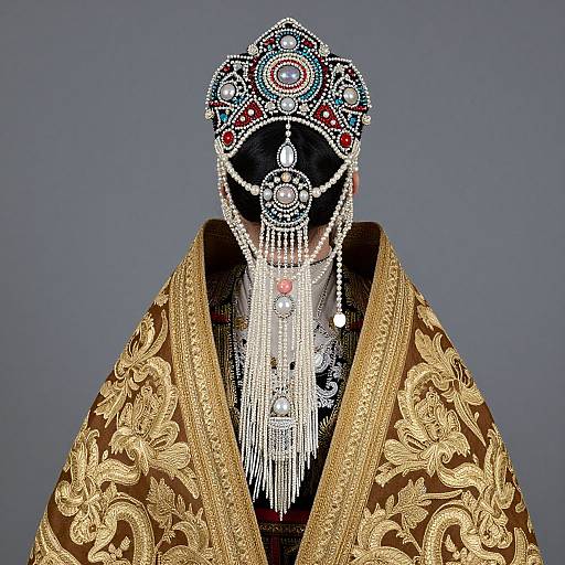 Photograph of an ornate, black mannequin head adorned with intricate gold and brown embroidered robe, elaborate silver and pearl jewelry, and detailed head