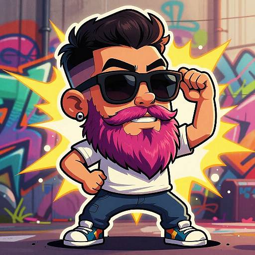 Cartoon-style illustration of a muscular, bearded man with pink mustache, dark sunglasses, white t-shirt, blue jeans, and sneakers, striking