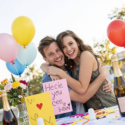 Photograph of a smiling couple hugging at an outdoor birthday party with colorful balloons, flowers, and 