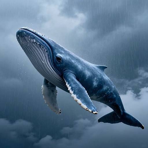 Photorealistic digital art of a blue whale swimming underwater, raindrops visible, cloudy sky in background, whale's textured skin and large eye detailed.