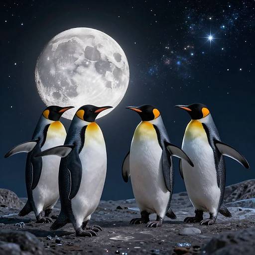 Photograph of five Emperor penguins with orange-yellow patches on their necks, standing on a rocky moonlit landscape under a bright full moon in a