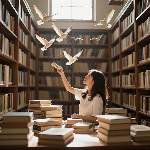 Photograph of a woman with long brown hair, wearing a white blouse, reaching out to white doves flying above her in a sunlit, book